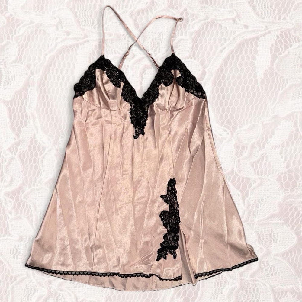 Frederick's of Hollywood Tan and Black Lace Satin Slip Dress